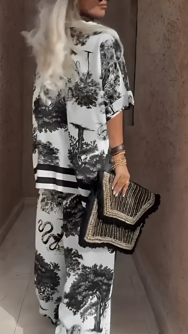 Conjunto casual de top con cuello en V y pantalón estampado para mujer