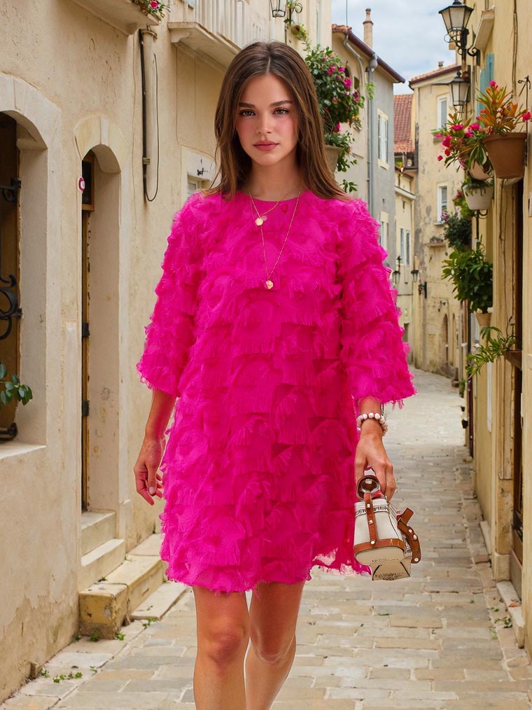 Elegante minivestido de manga media con flecos