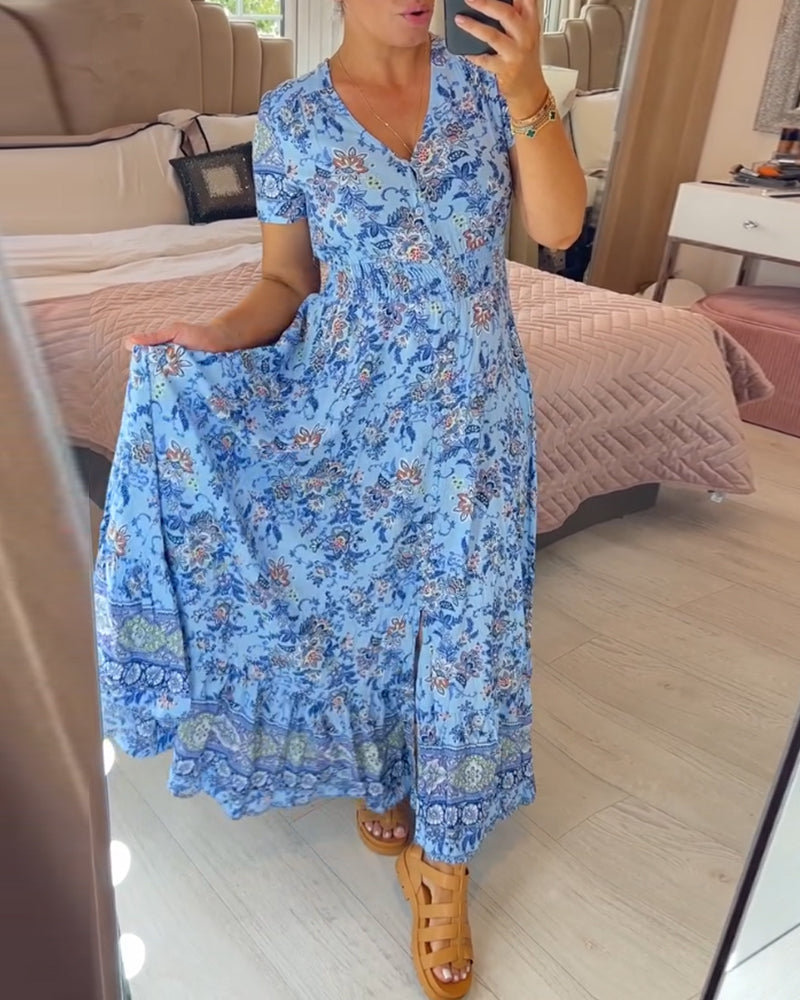 Vestido con cuello en V y estampado floral (💃Oferta especial - 48% de descuento🔥 Envío gratis)