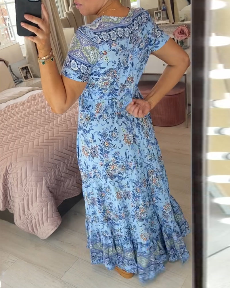 Vestido con cuello en V y estampado floral (💃Oferta especial - 48% de descuento🔥 Envío gratis)