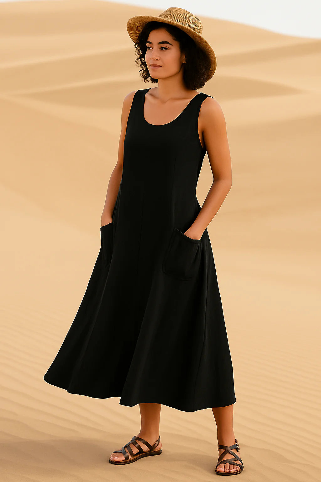 Vestido midi sin mangas con bolsillos delanteros