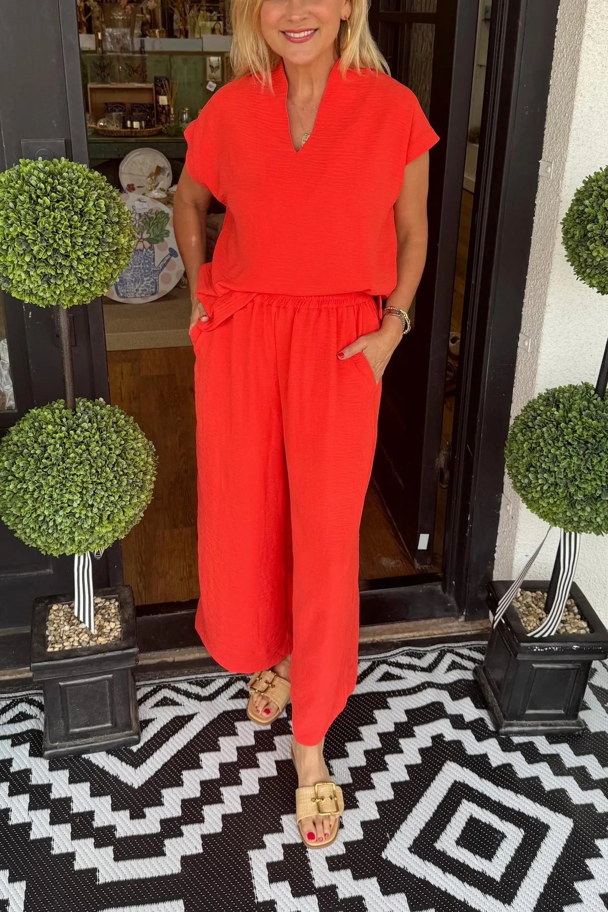 Conjunto de dos piezas informal de verano para mujer, ligero, con escote en V