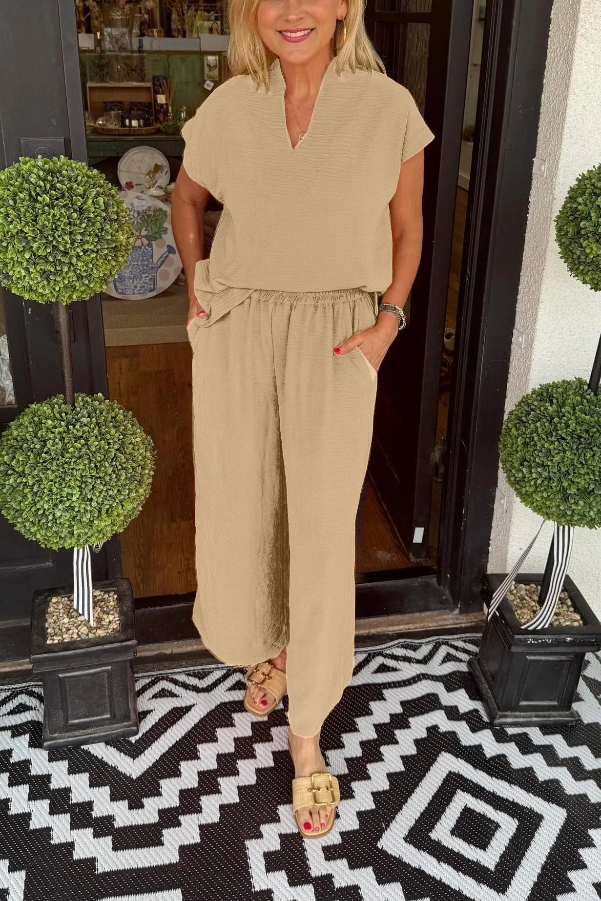 Conjunto de dos piezas informal de verano para mujer, ligero, con escote en V