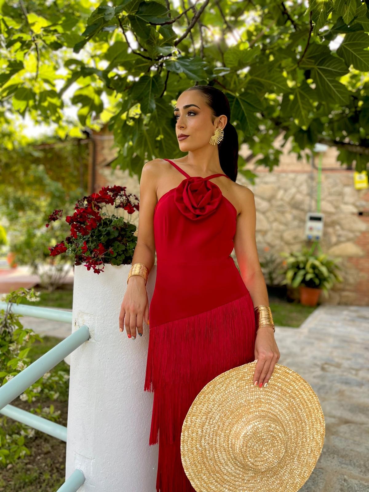 Vestido Roseta Flecos Cereza