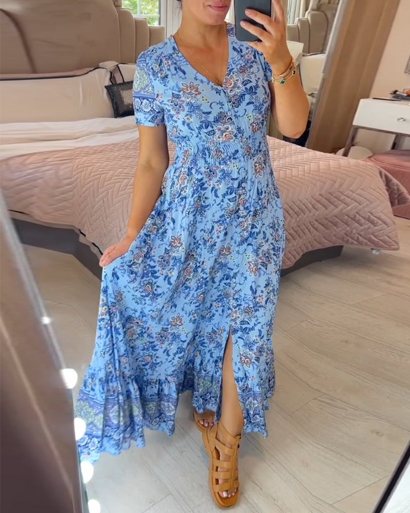 Vestido con cuello en V y estampado floral (💃Oferta especial - 48% de descuento🔥 Envío gratis)