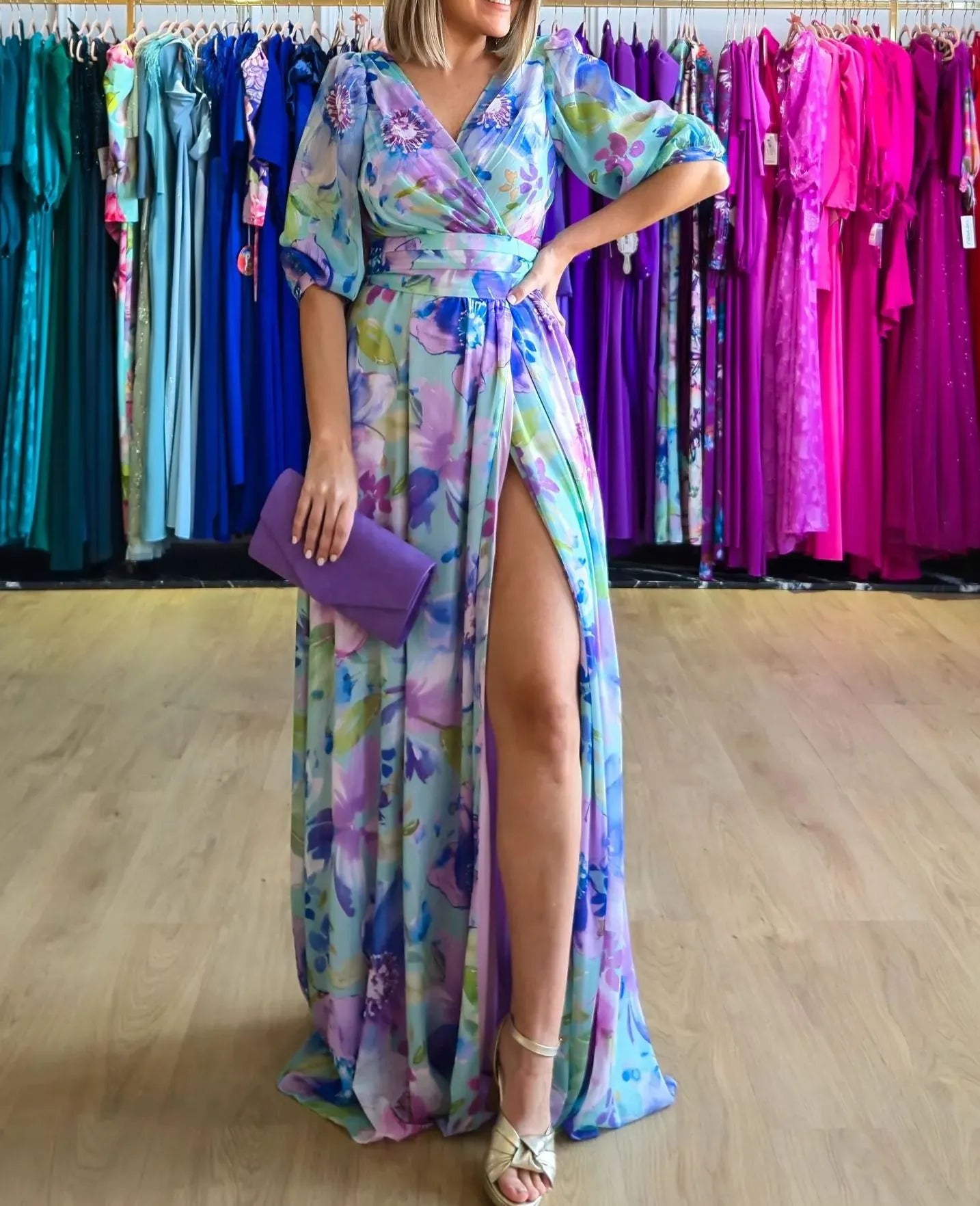 Vestido largo cruzado con estampado