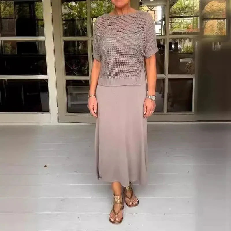 Conjunto de vestido midi con top calado de punto