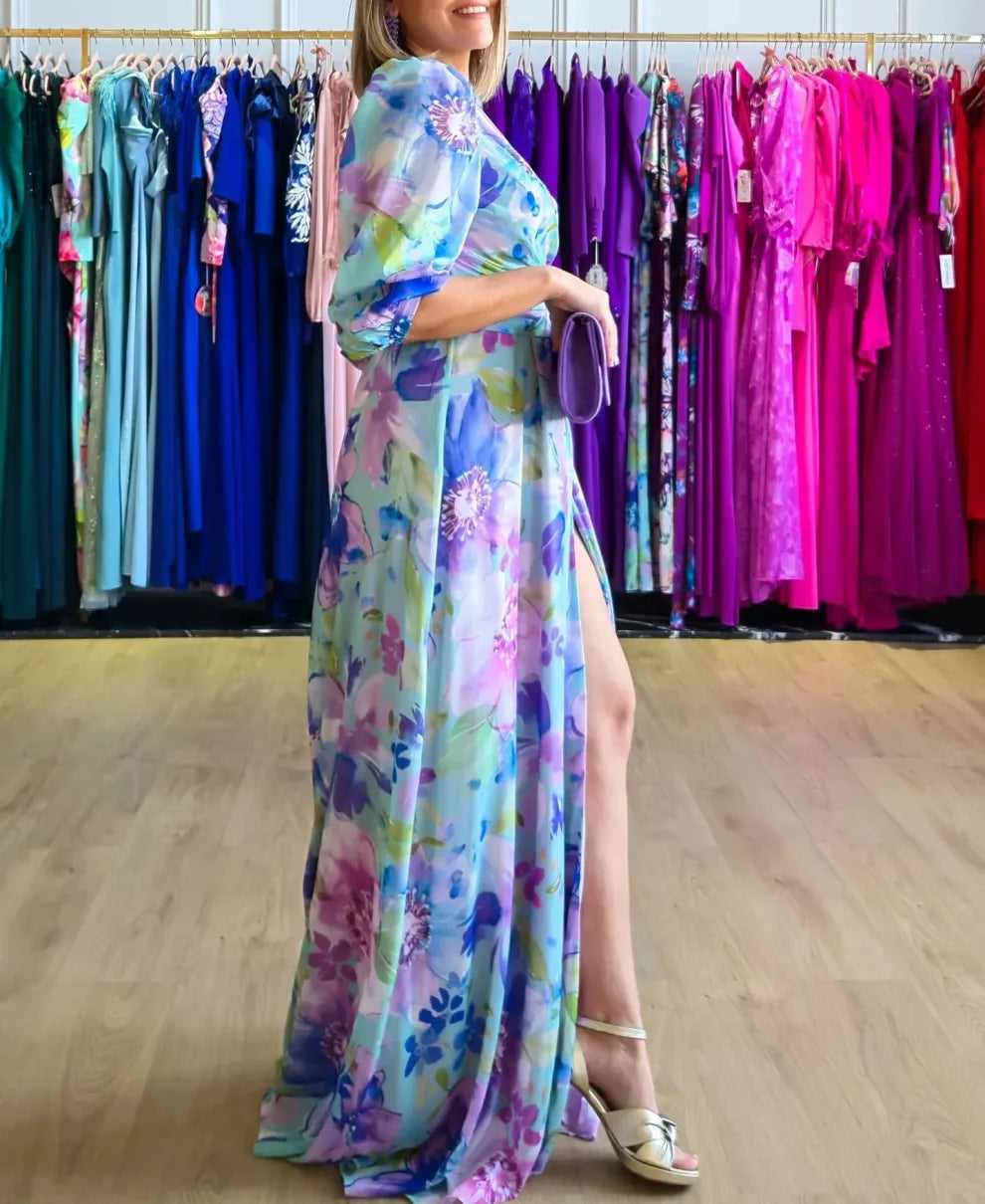 Vestido largo cruzado con estampado